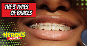 Dental tools and a close-up of a person smiling with clear braces